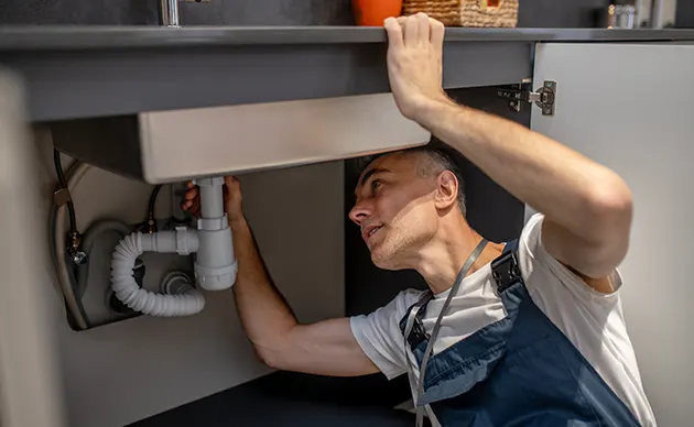 Plumber tightening a drain trap connection beneath a residential bathroom sink